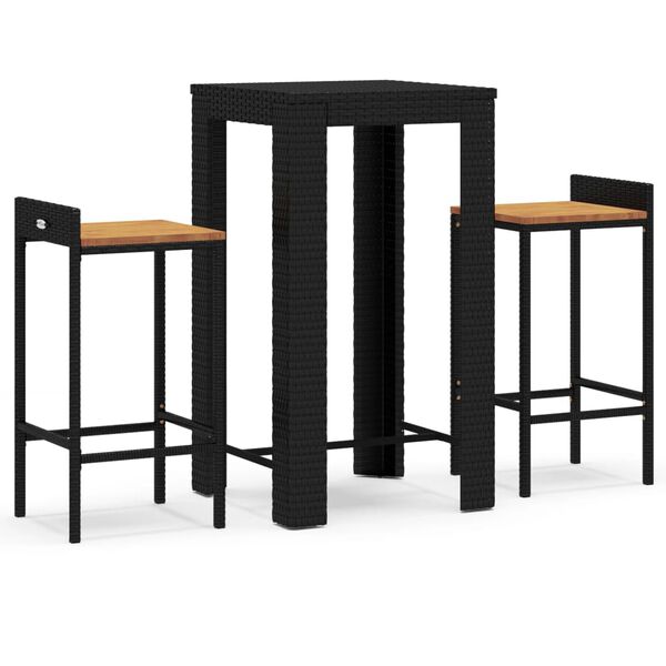 vidaXL Set Bar Giardino 3 pz Nero Polyrattan e Legno Massello Acacia