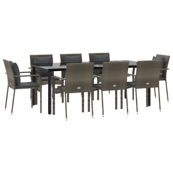 vidaXL Set da Pranzo Giardino 9pz con Cuscini Nero e Grigio Polyrattan