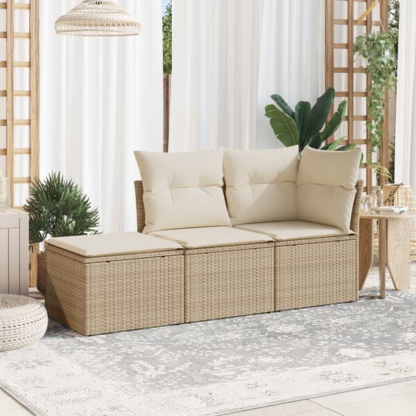 vidaXL Set Divano da Giardino 3 pz con Cuscini Beige in Polyrattan