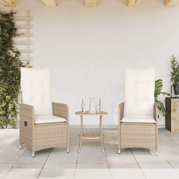 vidaXL Sedie da Giardino Reclinabili 2pz con Tavolino Polyrattan Beige