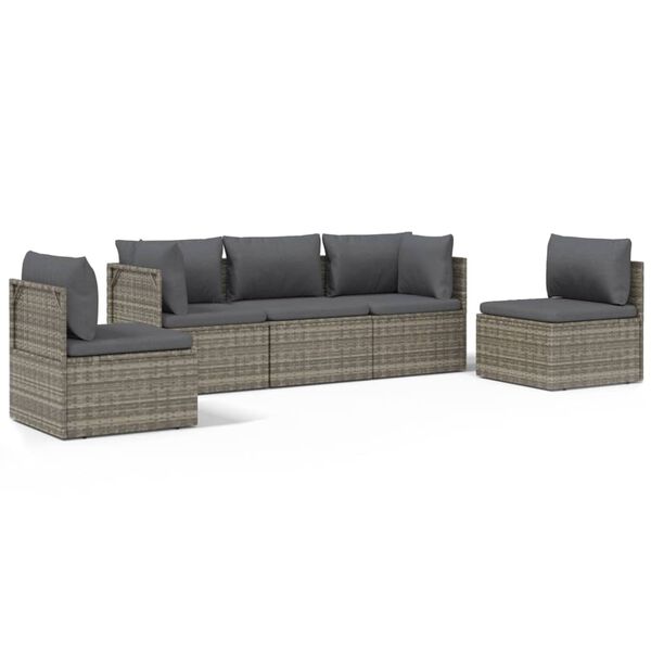vidaXL Set Divani da Giardino 5 pz con Cuscini in Polyrattan Grigio