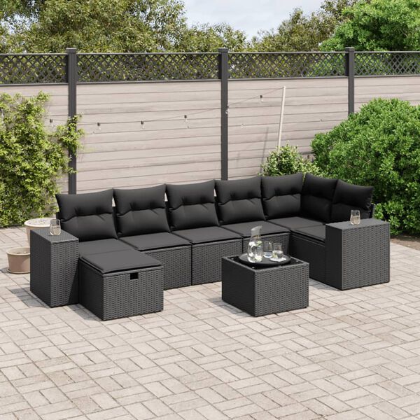 vidaXL Set Divani da Giardino con Cuscini 8 pz Nero in Polyrattan
