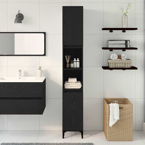 vidaXL Mobile da Bagno Rovere Nero 30 x 30 x 190 cm Legno multistrato