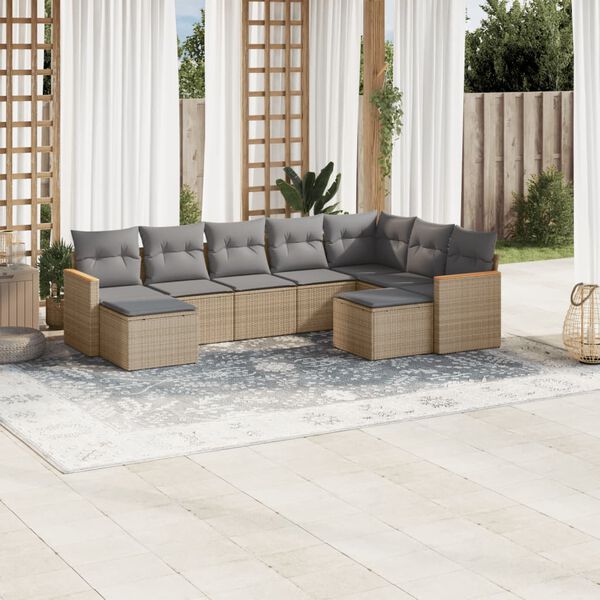 vidaXL Set Divano da Giardino 9 pz con Cuscini Beige Misto Polyrattan