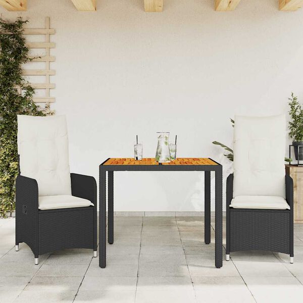 vidaXL Set Bistrò da Giardino 3 pz con Cuscini in Polyrattan Nero