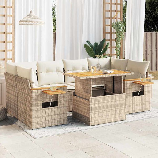 vidaXL Set Divani da Giardino 7 pz con Cuscini Beige Polyrattan Acacia