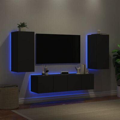 vidaXL Mobili TV a Muro con LED 4pz Neri in Legno Multistrato