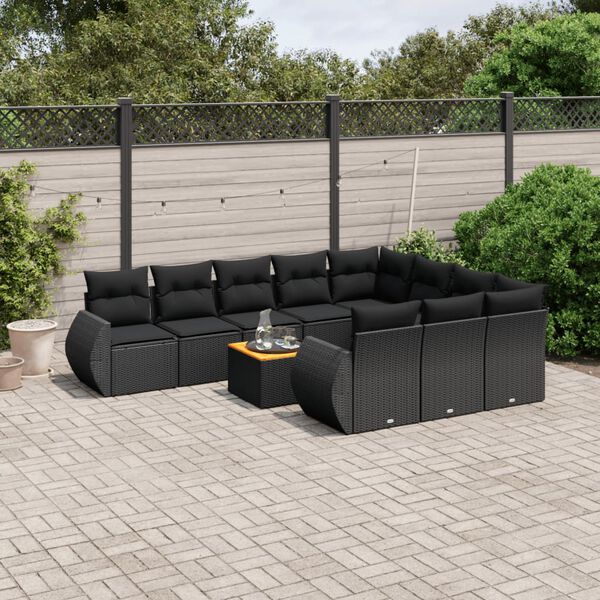 vidaXL Set Divani da Giardino 11 pz con Cuscini in Polyrattan Nero