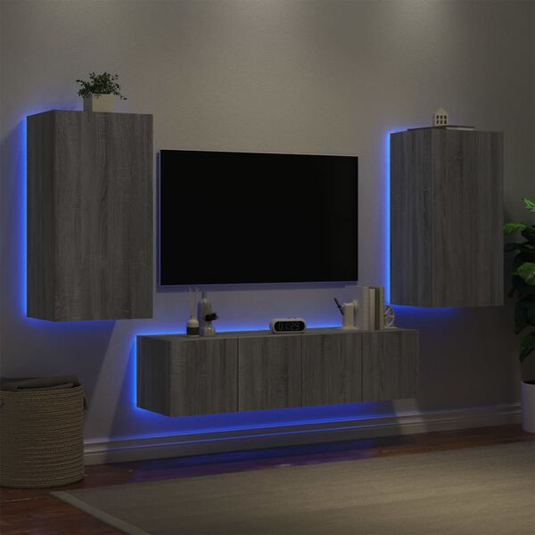 vidaXL Mobili TV a Muro con LED 4pz Grigio Sonoma in Legno Multistrato