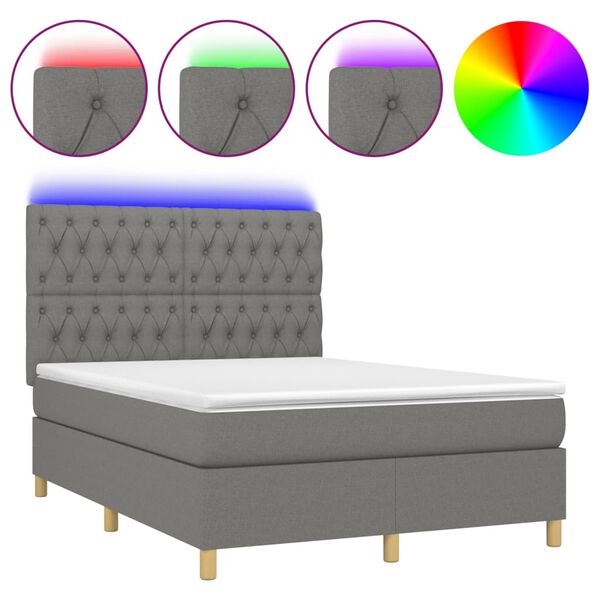 vidaXL Letto a Molle Materasso e LED Grigio Scuro 140x200cm in Tessuto