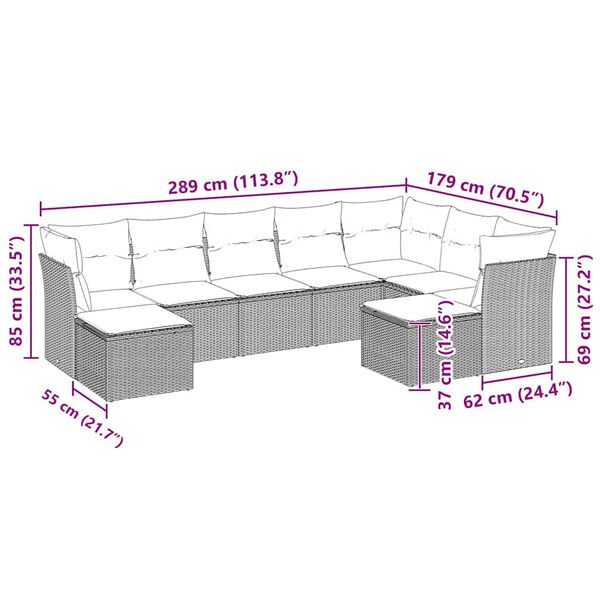 vidaXL Set Divano da Giardino 9pz con Cuscini Grigio Chiaro Polyrattan