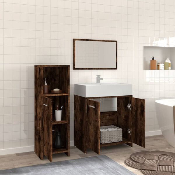 vidaXL Set Mobili da Bagno 3 pz Rovere Fumo in Legno Multistrato