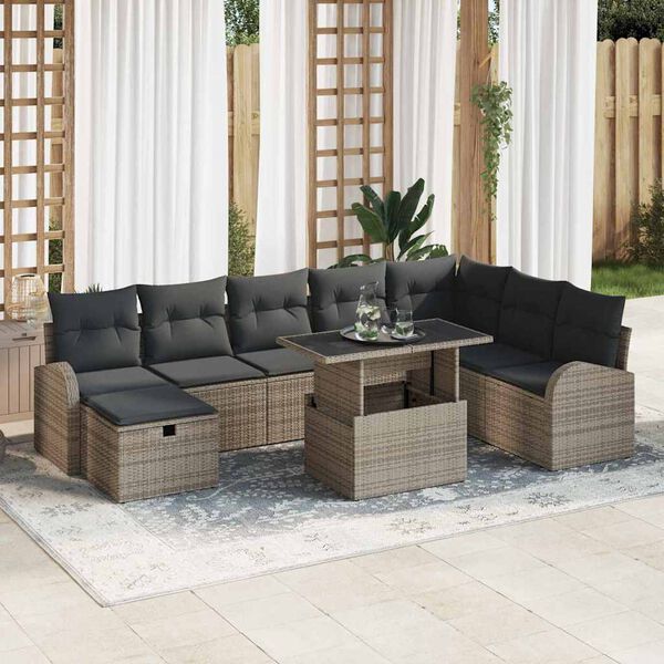 vidaXL Set Divano da Giardino con cuscino 9 pcs Grigio Poly Rattan