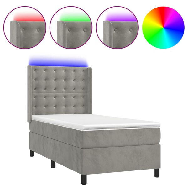 vidaXL Letto a Molle Materasso e LED Grigio Chiaro 90x190 cm Velluto