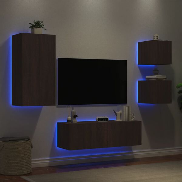 vidaXL Mobili TV a Muro 4pz con Luci LED Rovere Marrone