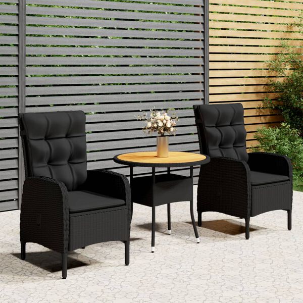vidaXL Set da Bistrot per Giardino 3 pz in Polyrattan Nero