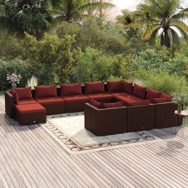 vidaXL Set Divani da Giardino 11 pz con Cuscini in Polyrattan Marrone