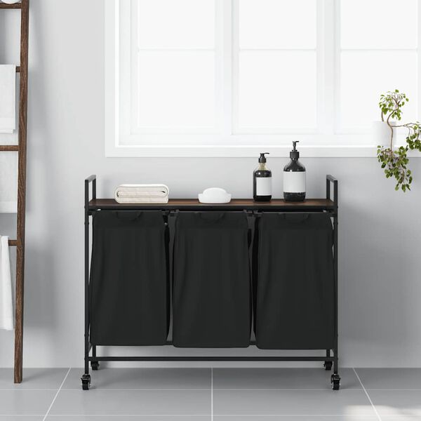 vidaXL Cesto della Biancheria 3 Scomparti con Ruote Rovere Marrone