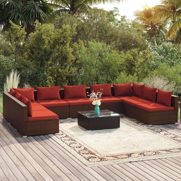 vidaXL Set Divani da Giardino 10 pz con Cuscini in Polyrattan Marrone