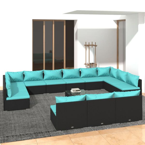 vidaXL Set Divani da Giardino 14 pz con Cuscini in Polyrattan Nero