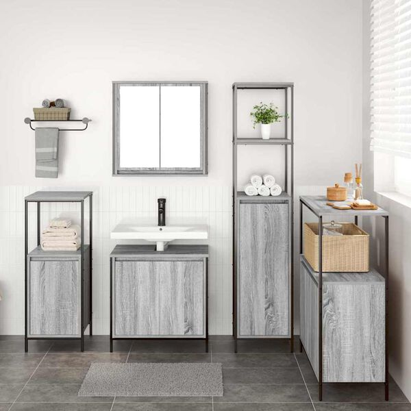 vidaXL Set di mobili per il bagno con porta 5 pcs Grigio Sonoma e Nero
