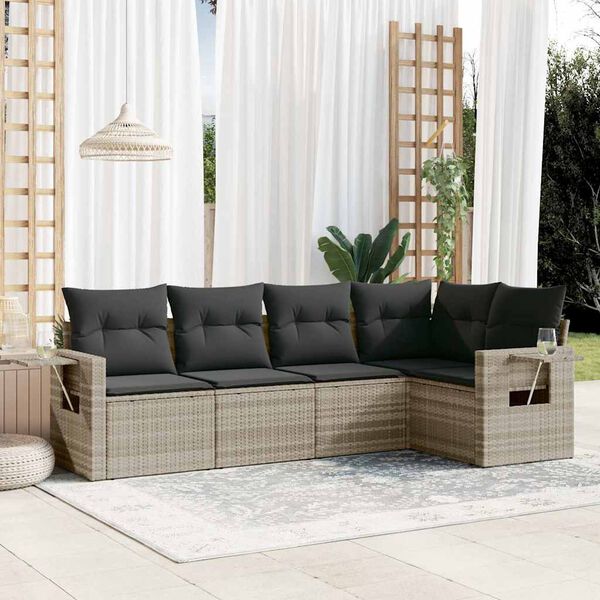 vidaXL Set Divano da Giardino 5pz con Cuscini Grigio Chiaro Polyrattan