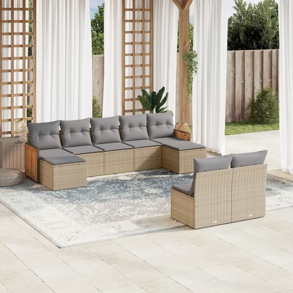 vidaXL Set Divano da Giardino 9 pz con Cuscini Beige in Polyrattan