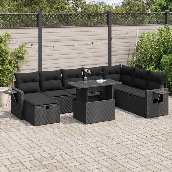 vidaXL Set Divani da Giardino 9 pz con Cuscini Nero in Polyrattan
