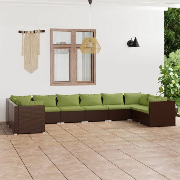 vidaXL Set Divani da Giardino 10 pz con Cuscini in Polyrattan Marrone