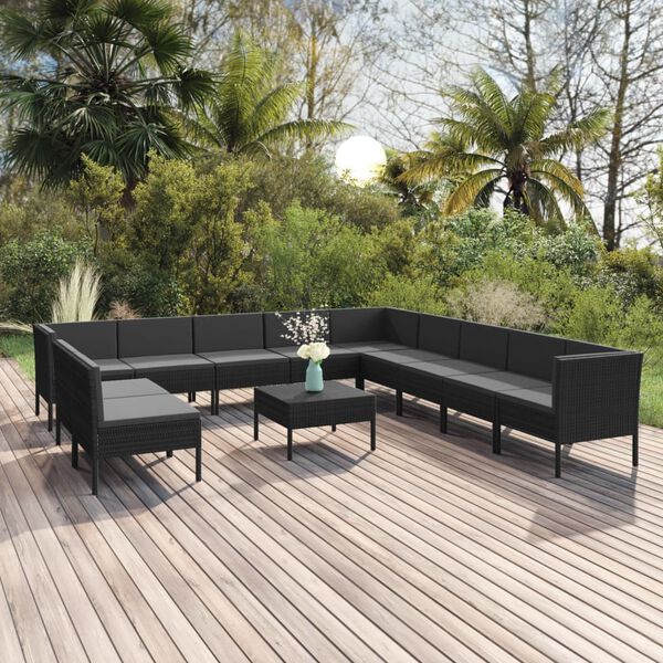 vidaXL Set Divani da Giardino 12 pz con Cuscini in Polyrattan Nero