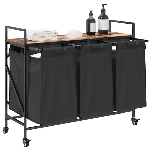 vidaXL Cesto della Biancheria 3 Scomparti con Ruote Rovere Fumo