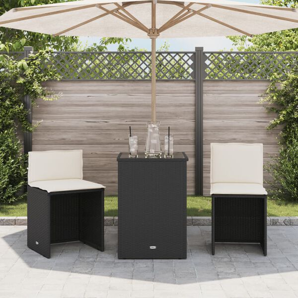 vidaXL Set da Bistrò 3 pz con Cuscini Nero in Polyrattan