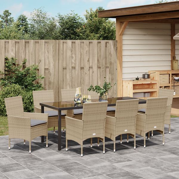 vidaXL Set da Pranzo per Giardino con cuscino 9 pcs Beige polyrattan