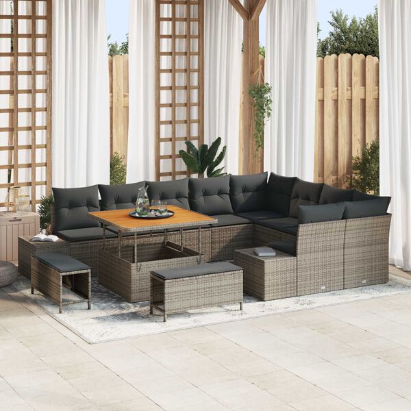 vidaXL Set Divano da Giardino con cuscino 12 pcs Grigio Poly Rattan