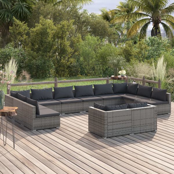 vidaXL Set Divani da Giardino 12 pz con Cuscini in Polyrattan Grigio