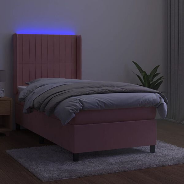 vidaXL Letto a Molle con Materasso e LED Rosa 90x190 cm in Velluto