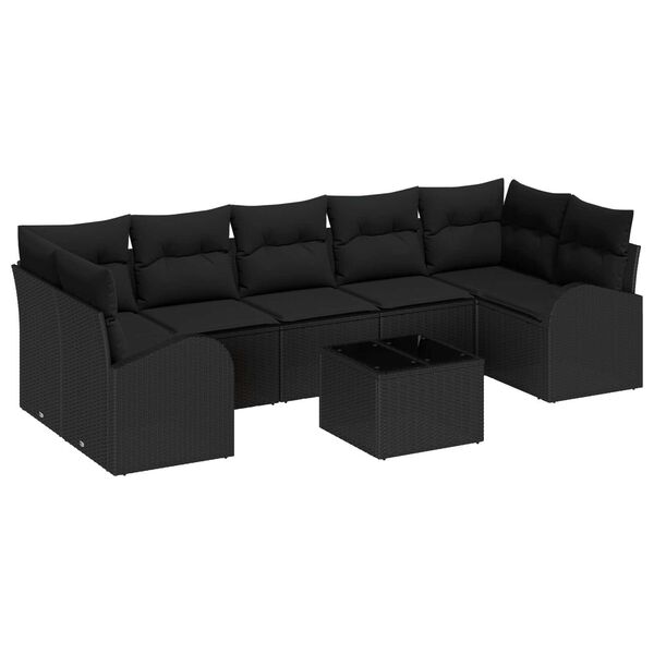 vidaXL Set Divano da Giardino 8 pcs Nero Polyrattan, Acciaio e Vetro
