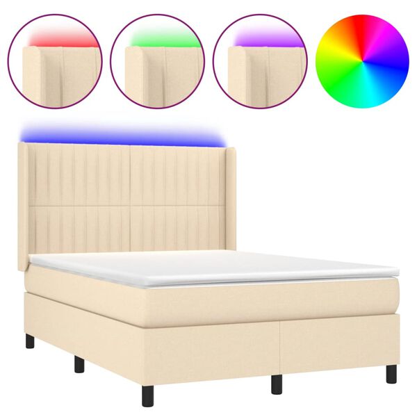vidaXL Letto a Molle con Materasso e LED Crema 140x190 cm in Tessuto
