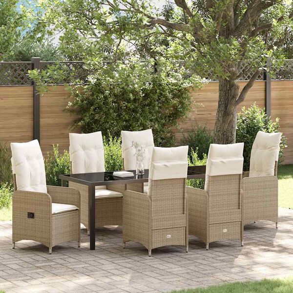 vidaXL Set da Pranzo per Giardino con cuscino 7 pcs Beige polyrattan