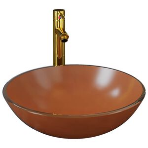 vidaXL Lavandino con Rubinetto e Piletta in Vetro Temperato Marrone