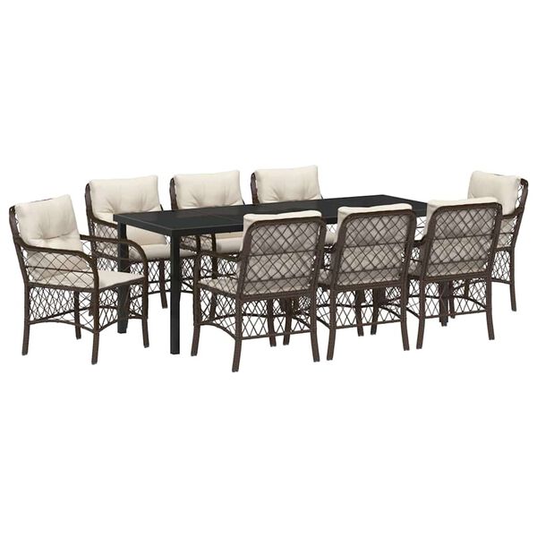 vidaXL Set da Pranzo per Giardino con cuscino 9 pcs Marrone polyrattan