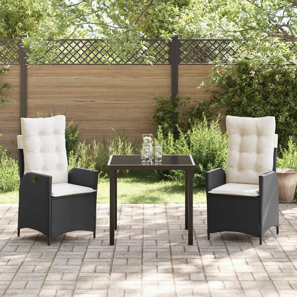 vidaXL Set da Pranzo per Giardino con cuscino 3 pcs Nero polyrattan