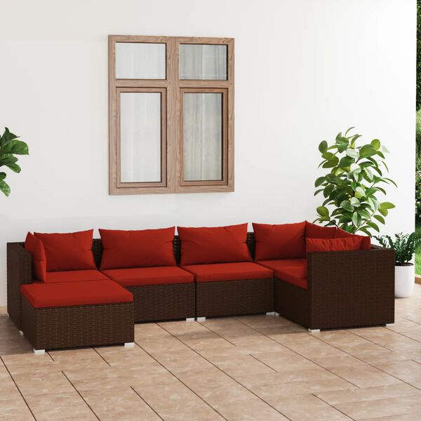vidaXL Set Divani da Giardino 6 pz con Cuscini in Polyrattan Marrone