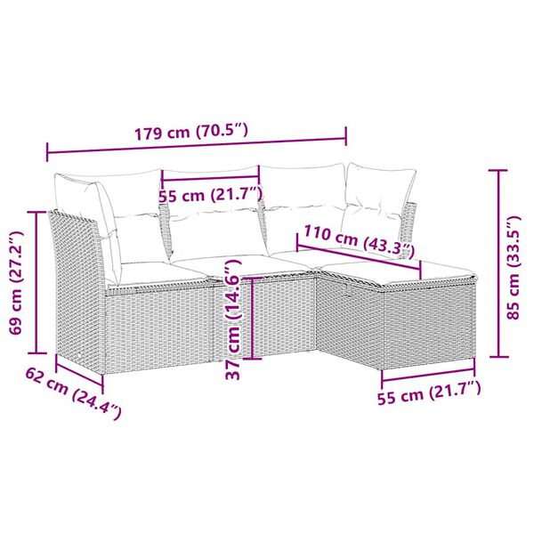 vidaXL Set Divano da Giardino 4pz con Cuscini Grigio Chiaro Polyrattan