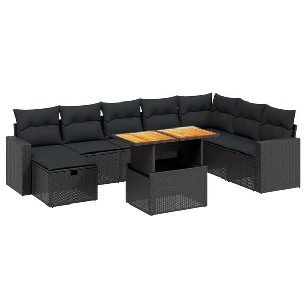 vidaXL Set Divani da Giardino 9 pz con Cuscini Nero in Polyrattan