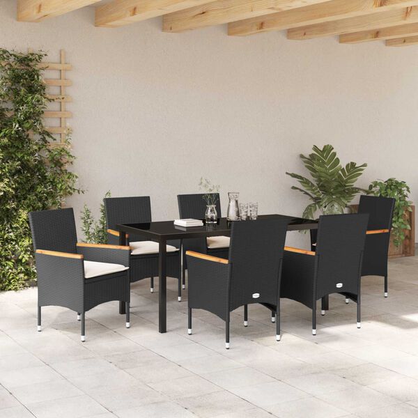 vidaXL Set da Pranzo per Giardino con cuscino 7 pcs Nero polyrattan