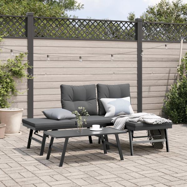 vidaXL Set Panche Giardino Cuscini 3pz Nere Acciaio Verniciato Polvere