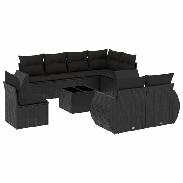 vidaXL Set Divani da Giardino 9 pz con Cuscini Nero in Polyrattan