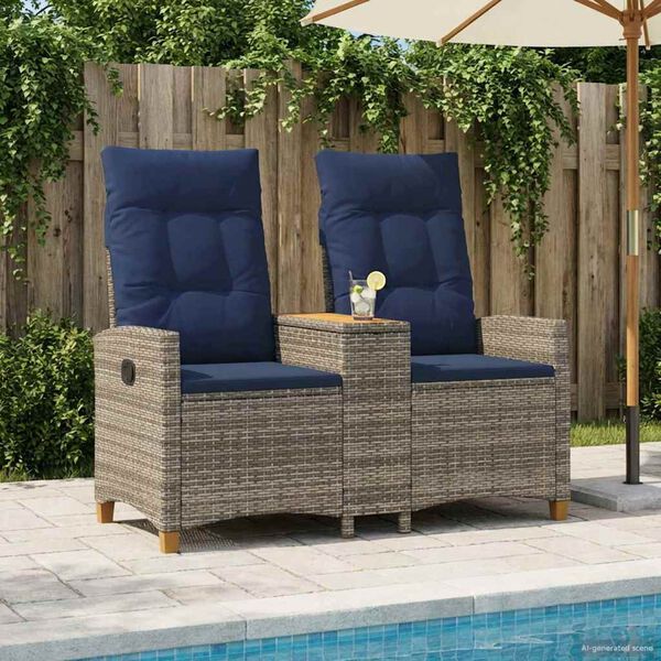 vidaXL Panchina reclinabile con tavolo Grigio e Blu Navy polyrattan