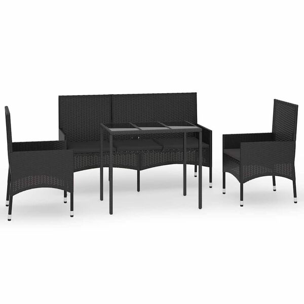 vidaXL Set Divani da Giardino 4 pz con Cuscini Nero in Polyrattan